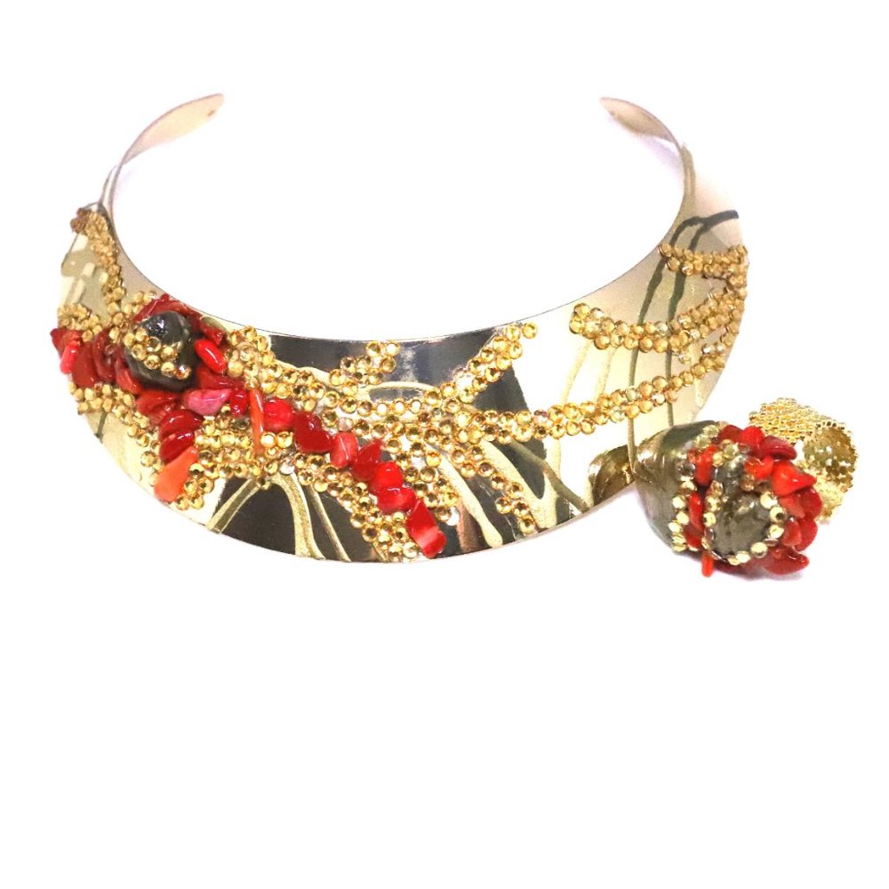 Gold plated choker and ring with Red Coral stones by Patricia Adelson